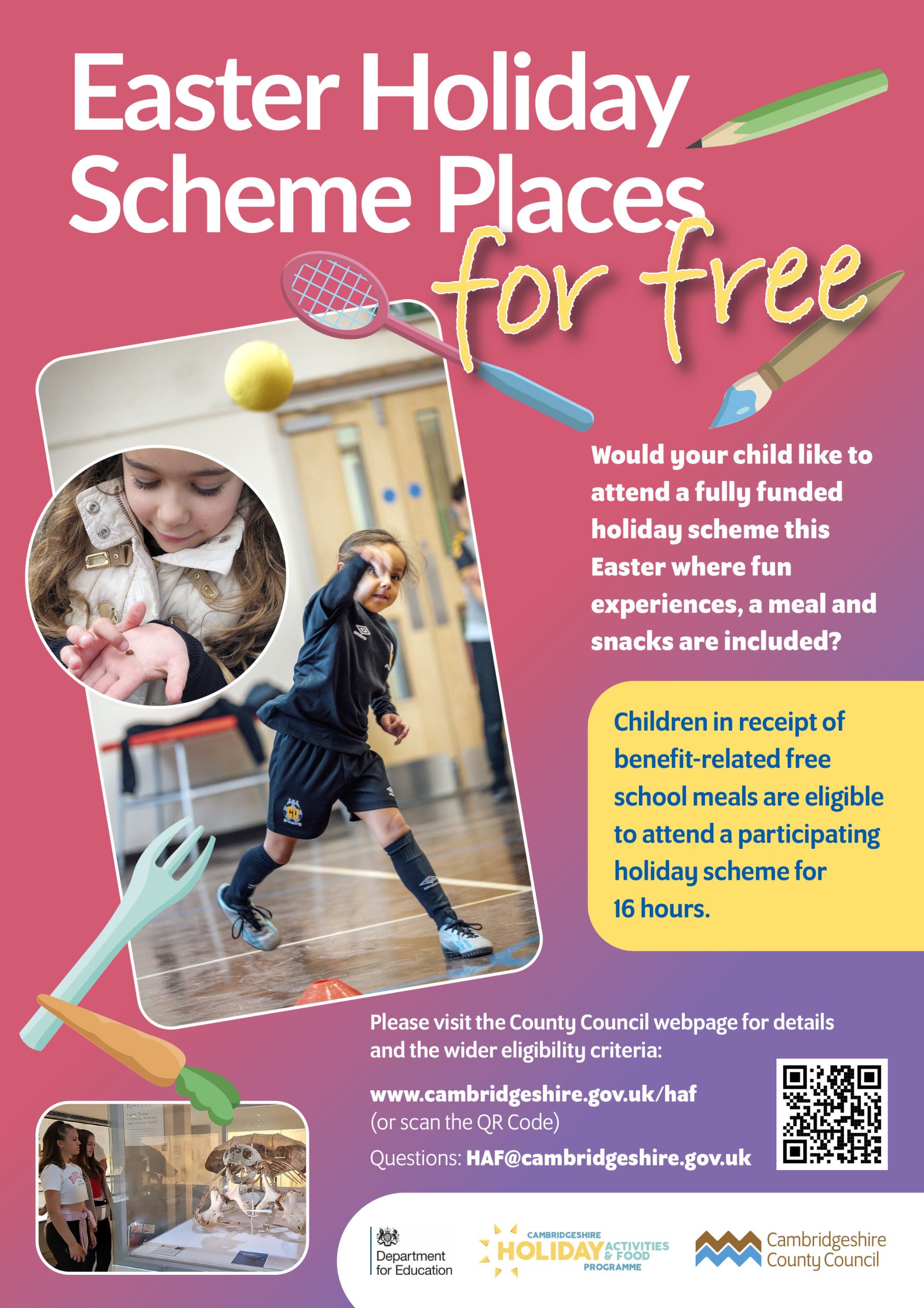 Easter Holiday Scheme Places for Free. For Children in receipt of benefit-related free school meals. 16 free hours available as per the holiday scheme. 